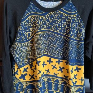 Lularoe Randy tee, 3/4 sleeve, yellow and navy print, Size L